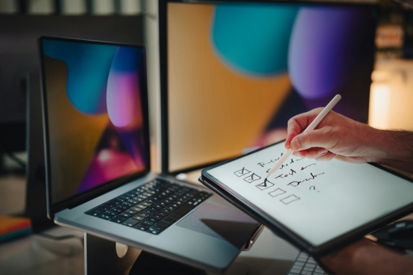 Tablet und Laptop auf Schreibtisch – digitales Arbeiten mit FaxSuite unterwegs und im Büro